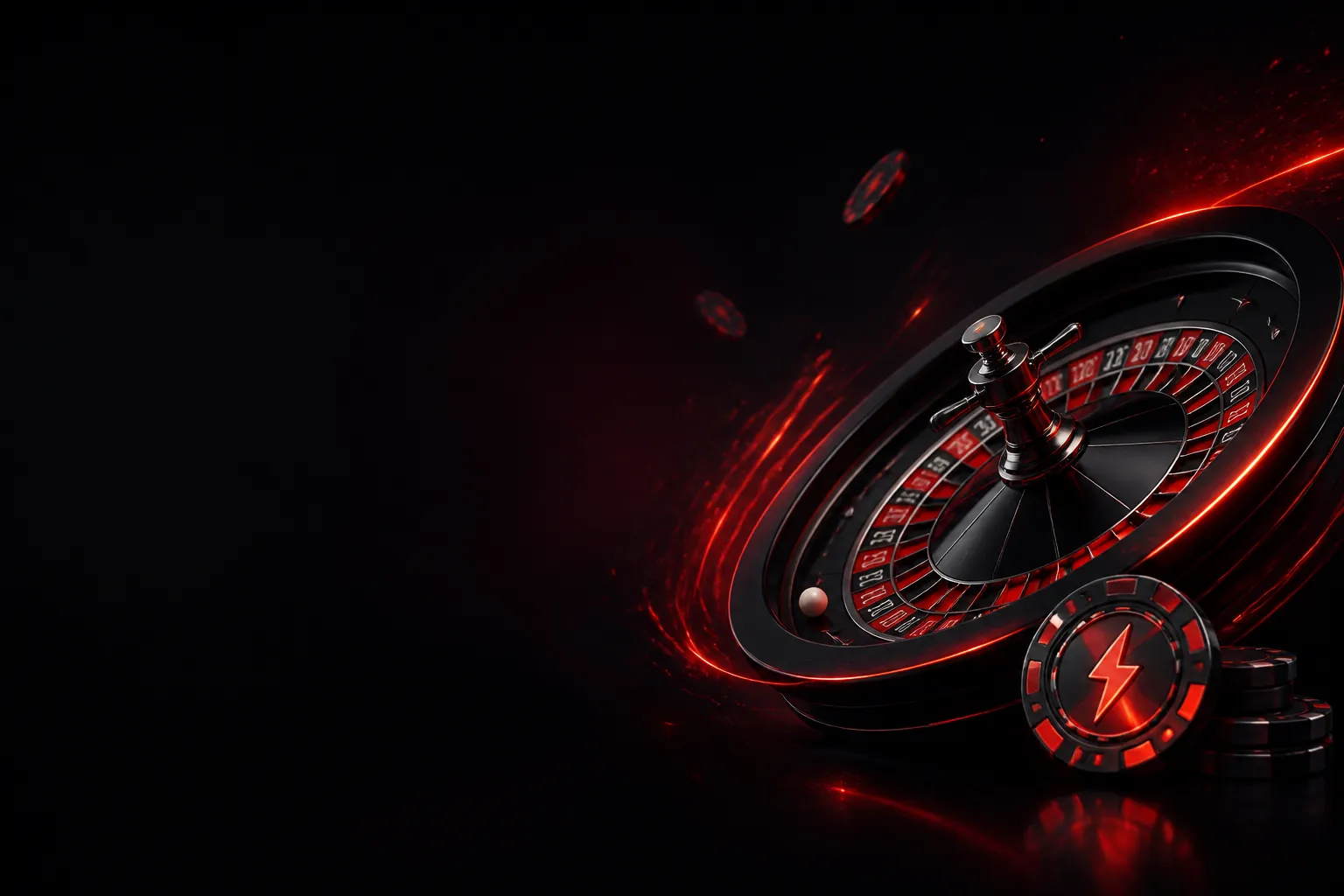 3D rendering of a premium casino scene with minimalistic design, featuring a lightning-bolt motif, neon red-orange lighting, 