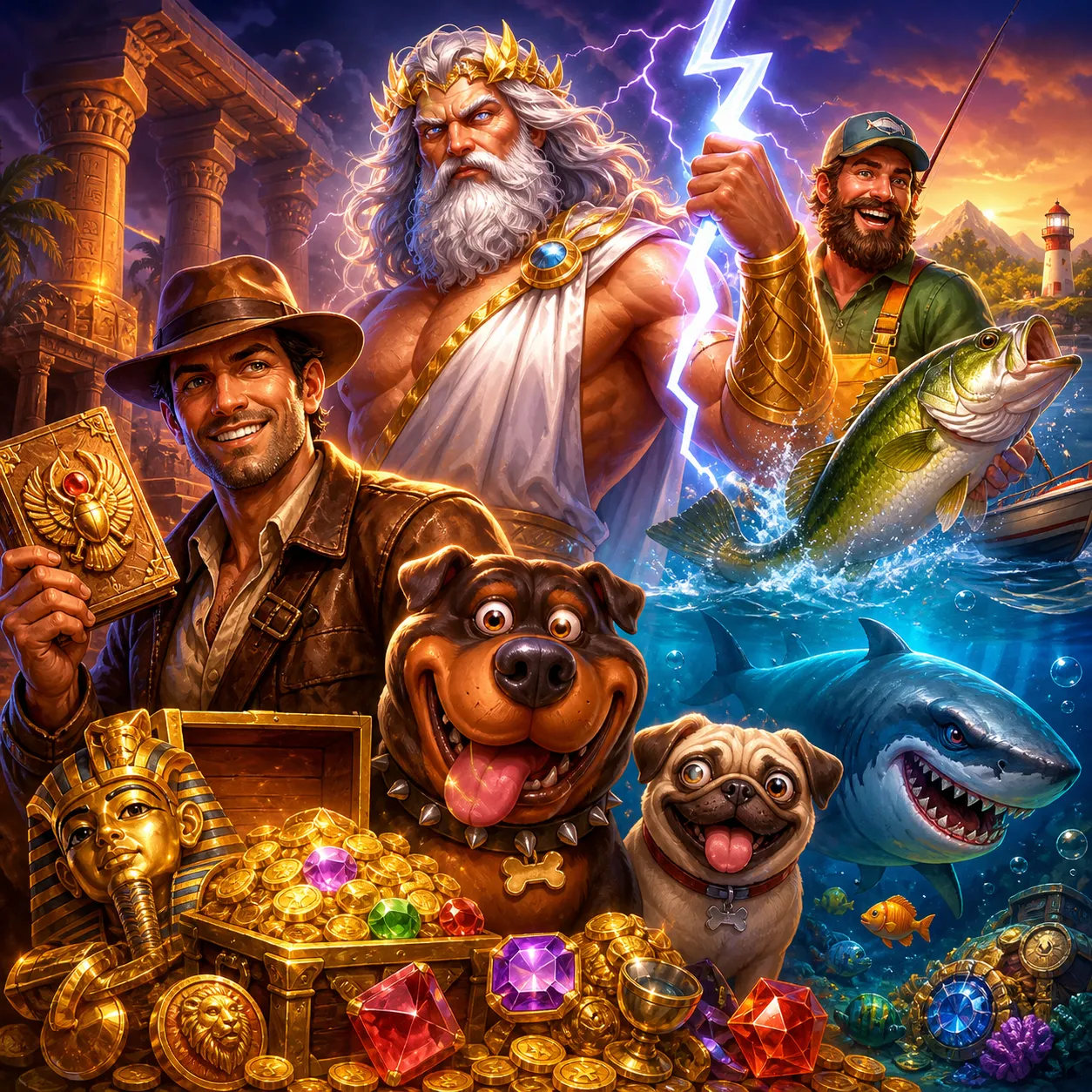 Vibrant illustration of mythical slot game characters, featuring a powerful god amid Olympus, surrounded by divine clouds and