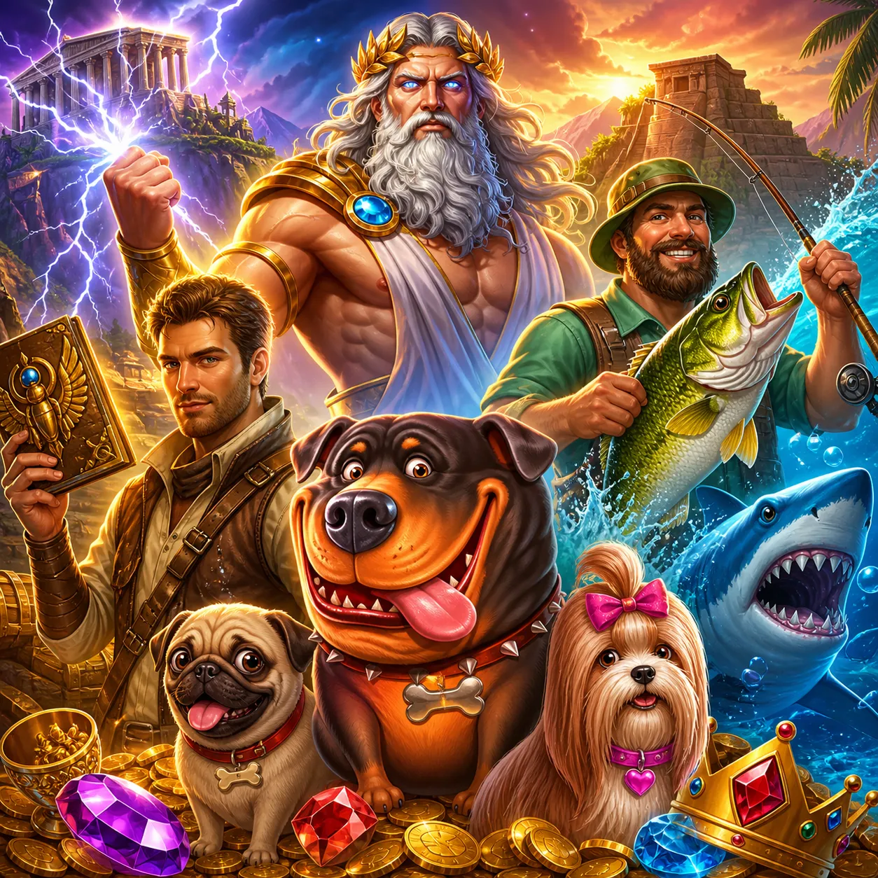 High-quality promotional artwork showcasing vibrant slot characters and environments with cinematic lighting.